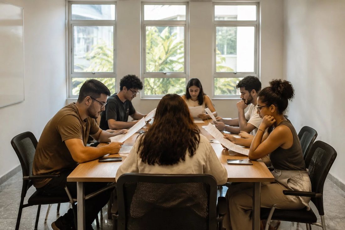 Sala de reunião iluminada com uma pessoa em pé apresentando um ponto
